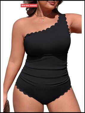 Plus Size One Shoulder Scalloped Tummy Control One Piece Swimsuit Full Coverage
